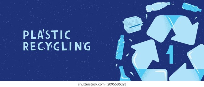 Waste recycling. Banner with plastic bottles and containers PET. Eco-friendly environment. Doodle vector illustration.