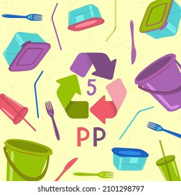 Waste Recycling. Banner With Plastic Dishes And Polypropylene Containers. Eco-friendly Environment. Doodle Vector Illustration. 