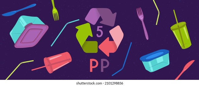 Waste Recycling. Banner With Plastic Dishes And Polypropylene Containers. Eco-friendly Environment. Doodle Vector Illustration. 