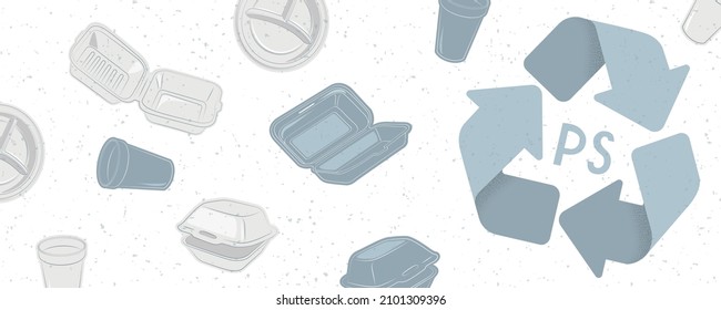Waste recycling. Banner with plastic dishes and polystyrene containers. Eco-friendly environment. Doodle vector illustration. 