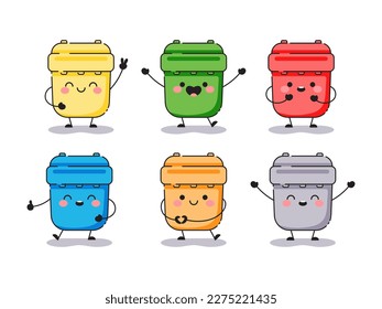 Establecimiento de papeleras de reciclado de desechos.  Mascotas vectoriales para pegatinas, carteles, ilustraciones.