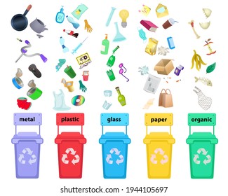 Waste recycling. Colored waste bins with sorted waste. Metal, plastic, glass, paper and organic waste. 