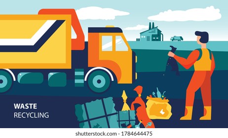 Waste recycling composition with text and doodle character of garbage collector with truck and rubbish bags vector illustration