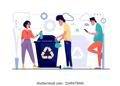 Concepto de reciclaje de residuos en diseño de dibujos animados planos. Hombres y mujeres recogen, clasifican y separan la basura en contenedores. Gestión ecológica, cuidado ambiental. Ilustración vectorial con escena de personas para web