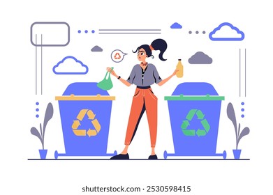 Reciclagem de resíduos conceito em design de desenho plano moderno para web. Mulher protegendo o meio ambiente, coletando e separando lixo, colocando lixeiras para plástico, vidro, outros. Ilustração vetorial.