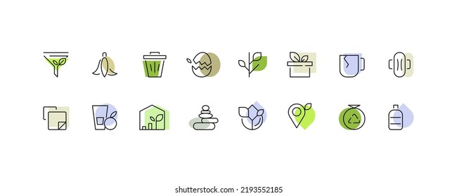 Waste recycling and conscious living. Eco lifestyle. Set of 16 simple line art icons. Vector file.