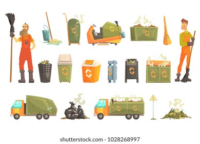 Waste Recycling And Disposal Related Object Around Garbage Collector Man Set Of Cartoon Bright Icons