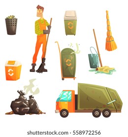 Waste Recycling And Disposal Related Object Around Garbage Collector Man Collection Of Cartoon Bright Icons