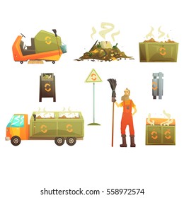 Waste Recycling And Disposal Related Object Around Garbage Collector Man Set Of Cartoon Bright Icons