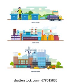 Waste for recycling, factory, construction building. Architectural building work process houses with crane. Cleaning city. Household waste, recycling of industrial waste. Vector illustration isolated.
