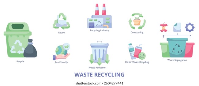 Waste Recycling Flat Banner Web Icon Set Vector Illustration