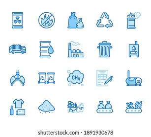 Waste recycling flat line icons set. Garbage bag, truck, incinerator factory, container, bin, rubbish dump vector illustration. Outline signs of trash management. Blue color, Editable Stroke.