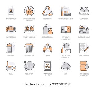 Waste recycling flat line icons set. Garbage bag, truck, incinerator factory, container, bin, rubbish dump vector illustration. Outline signs of trash management. Orange Color. Editable Stroke