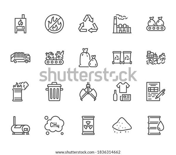 Waste recycling flat line icons set. Garbage bag,\
truck, incinerator factory, container, bin, rubbish dump vector\
illustration. Outline signs of trash management. Pixel perfect.\
Editable Stroke.