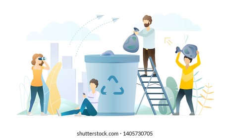 Waste recycling flat vector concept illustration. Trash sorting, garbage reusing. Environment protection, pollution prevention. People throwing out rubbish into garbage bin, trash can characters.