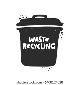 Waste recycling. Garbage sorting. Trash basket. Hand drawn vector illustration. Organic, Metal, Plastic, Paper, Glass, E-waste.  Ecology and recycle concept. 