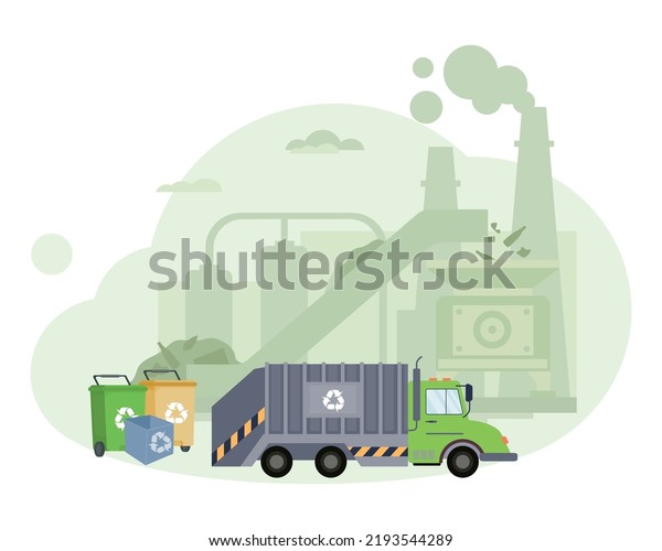 Waste\
recycling garbage truck delivered to recycling plant for recycling\
garbage. Waste Processing Plant, Garbage Collection, Separation and\
Recycling Concept Flat Style Vector Illustration\
