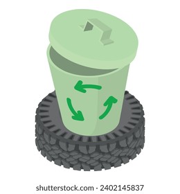 Icono de reciclado de residuos vector isométrico. Camión de basura con el signo de reciclaje en el neumático del auto. Reutilización, protección del medio ambiente