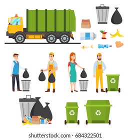 Waste recycling icons set. Gathering, sorting and  transporting process of garbage. Vector illustration. People gather trash