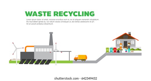 Waste recycling info-graphic concept. Vector in flat design. Worker sorting different types of garbage. Truck transporting trash to recycling plant. 