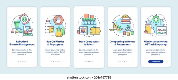 Waste recycling innovations onboarding mobile app page screen. Waste management walkthrough 5 steps graphic instructions with concepts. UI, UX, GUI vector template with linear color illustrations