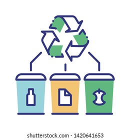 Waste recycling line color icon. Zero waste lifestyle. Garbage sorting: paper, glass, food. Eco friendly. Environmental protection. Sign for web page, app. UI/UX/GUI design element. Editable stroke.