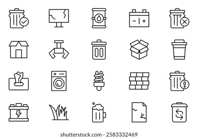 Waste and Recycling line icon set. Garbage, Trash, separation, and waste recycling Linear icon collection.