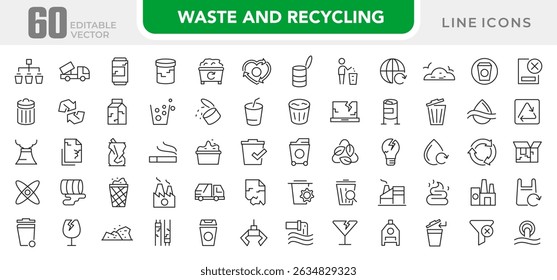 Conjunto de ícones da linha Resíduos e Reciclagem. Eco, salvar, reduzir, reutilizar, plástico, vidro, poluição, descarga, lixo, lixeira, varredura, eliminação de lixo. Pacote de ícones de linha fina da interface do usuário.