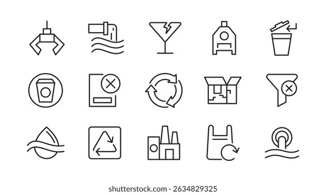 Waste and Recycling line icon set. Eco, save, reduce, reuse, plastic, glass, pollution, dump, refuse, bin, sweep, garbage disposal. trash separation line icon set. Ui thin line icon pack.