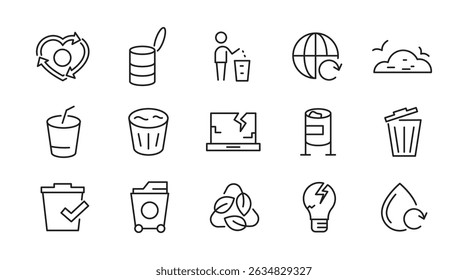 Waste and Recycling line icon set. Eco, save, reduce, reuse, plastic, glass, pollution, dump, refuse, bin, sweep, garbage disposal. trash separation line icon set. Ui thin line icon pack.