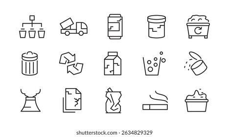 Conjunto de iconos de línea de residuos y reciclaje. Guardar Eco, reducir, reutilizar, plástico, vidrio, contaminación, verter, basura, papelera, barrer, eliminación de basura. conjunto de iconos de línea de separación de basura. Ui paquete de iconos de línea delgada.
