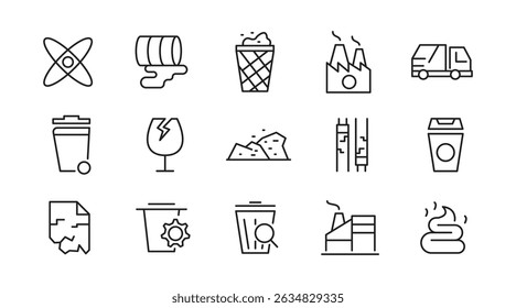 Waste and Recycling line icon set. Eco, save, reduce, reuse, plastic, glass, pollution, dump, refuse, bin, sweep, garbage disposal. trash separation line icon set. Ui thin line icon pack.