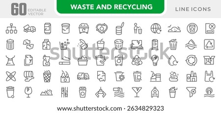 Waste and Recycling line icon set. Eco, save, reduce, reuse, plastic, glass, pollution, dump, refuse, bin, sweep, garbage disposal. trash separation line icon set. Ui thin line icon pack.