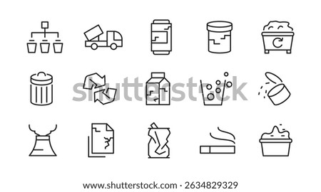 Waste and Recycling line icon set. Eco, save, reduce, reuse, plastic, glass, pollution, dump, refuse, bin, sweep, garbage disposal. trash separation line icon set. Ui thin line icon pack.