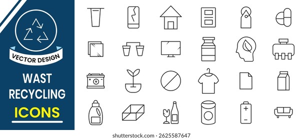 Waste recycling line icons. Editable icon of garbage disposal, trash separation, waste sorting, glass, battery, biodegradable trash, junk truck, landfill, paper, recycle icon. Vector illustration.