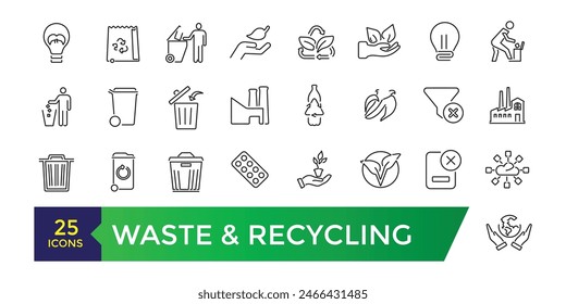 Iconos de la línea de residuos y reciclaje. Dispensador de basura. Separación de basura. Trazo editable. UI de Vector y conjunto de iconos de Web.