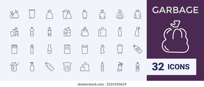Waste and Recycling line icons. Set of garbage icon collection. Trash, used, bottle, bag, can, container and more. Waste recycling icon pack.