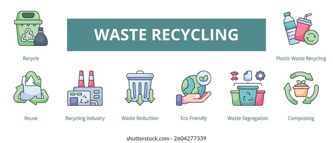 Waste Recycling Lineal Color Banner Web Icon Set Vector Illustration