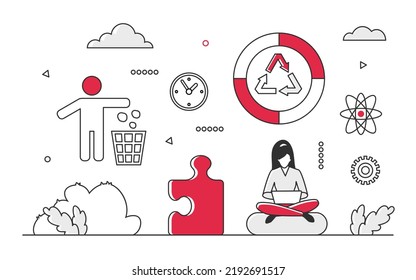 Proceso de gestión del reciclado de desechos. Proyecto de protección del medio ambiente a través de la colección de basura vector monocolor ilustración