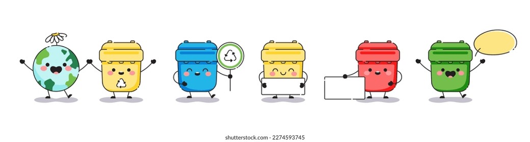 Waste recycling mascot set. Cute waste and garbage bins with text banners for labels, stickers, illustrations. Vector happy recycling garbage containers, dustbins and cans.