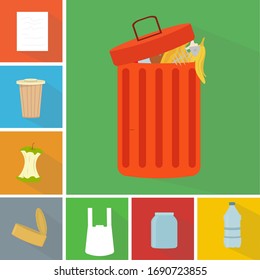 Waste recycling necessity. Full trash bin with mixed garbage and different kinds of trash, conceptual vector illustration