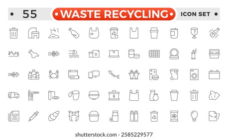 Waste Recycling outline icons. Garbage disposal. Trash separation, waste sorting with further recycling. Plastic bottle, biodegradable trash, junk truck, landfill, paper, glass, battery, conveyor. 
