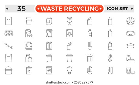 Waste Recycling outline icons. Garbage disposal. Trash separation, waste sorting with further recycling. Plastic bottle, biodegradable trash, junk truck, landfill, paper, glass, battery, conveyor. 
