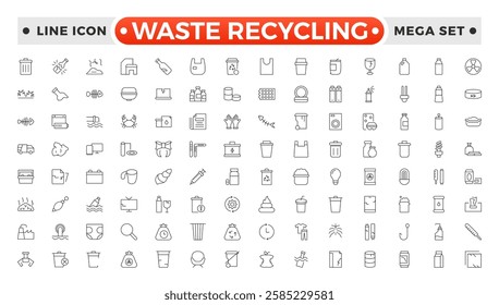 Waste Recycling outline icons. Garbage disposal. Trash separation, waste sorting with further recycling.Plastic bottle, biodegradable trash, junk truck, landfill, paper, glass, battery, conveyor. 
