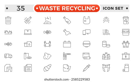 Waste Recycling outline icons. Garbage disposal. Trash separation, waste sorting with further recycling. Plastic bottle, biodegradable trash, junk truck, landfill, paper, glass, battery, conveyor. 
