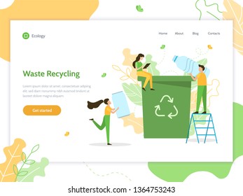 Abfallrecycling. Die Leute sortieren Müll. Ökologie-Konzept. Webbanner-Designvorlage.  Flache Vektorgrafik.