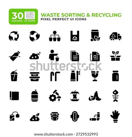 Waste recycling process glyph essential ui icon set. Litter sorting and disposal. Garbage management. Black solid symbols vector iconset. User interface flat elements collection, pixel perfect