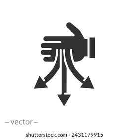 waste recycling process icon, sort the garbage, hand with three direction arrows, flat symbol on white background - vector illustration