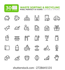 Conjunto de ícones essenciais de iu da linha de processo de reciclagem de resíduos. Triagem e eliminação das camas. Indústria de gerenciamento de lixo. iconografia de símbolos de contorno vetorial isolados. Elementos de interface do usuário lineares, pixel perfect