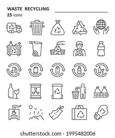 Waste recycling related icons set. Garbage outline symbols. Collection thin linear signs.